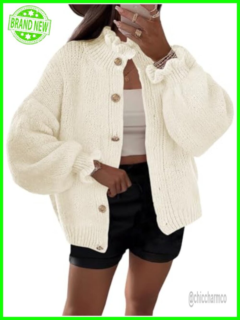 Ruffle Cardigan Oversized Button Up Ribbed Knit Long Sleeve Sweater